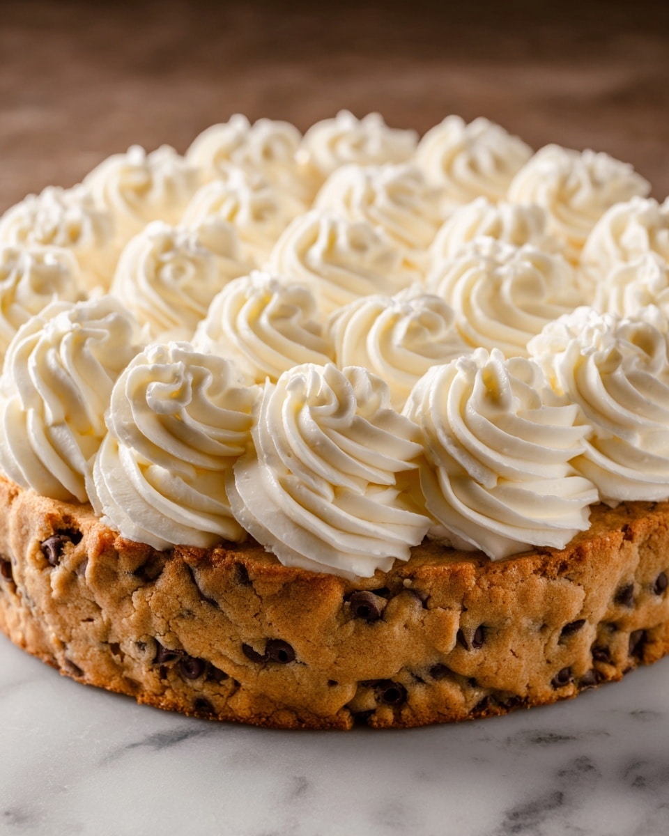 A round deep cookie cake with chocolate chips throughout forms the base layer, with a rough, crumbly, and golden brown texture. On top, there is a thick layer of smooth cream piped in large white swirls that cover the entire surface with a soft and fluffy appearance, arranged in a circle from the edge to the center. The cake sits on a white plate, placed on a white marbled surface, with warm lighting highlighting the creamy swirls and chocolate chips. photo taken with an iphone --ar 4:5 --v 7