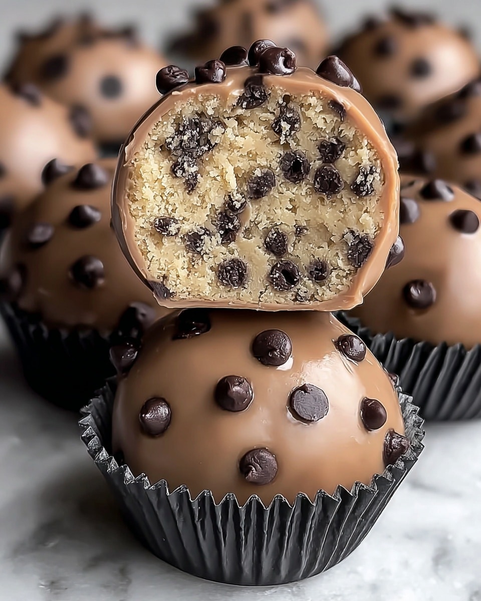 The image shows a close-up of round cookie dough balls covered in milk chocolate, each studded with several dark chocolate chips on the outside. One cookie dough ball is cut in half and placed on top of a whole one, revealing a soft, light beige interior densely dotted with small dark chocolate chips. Both cookie dough balls rest in black paper liners, all positioned on a white marbled surface. The focus is sharp on the cookies, highlighting the glossy texture of the chocolate coating and the crumbly inside of the dough. photo taken with an iphone --ar 4:5 --v 7