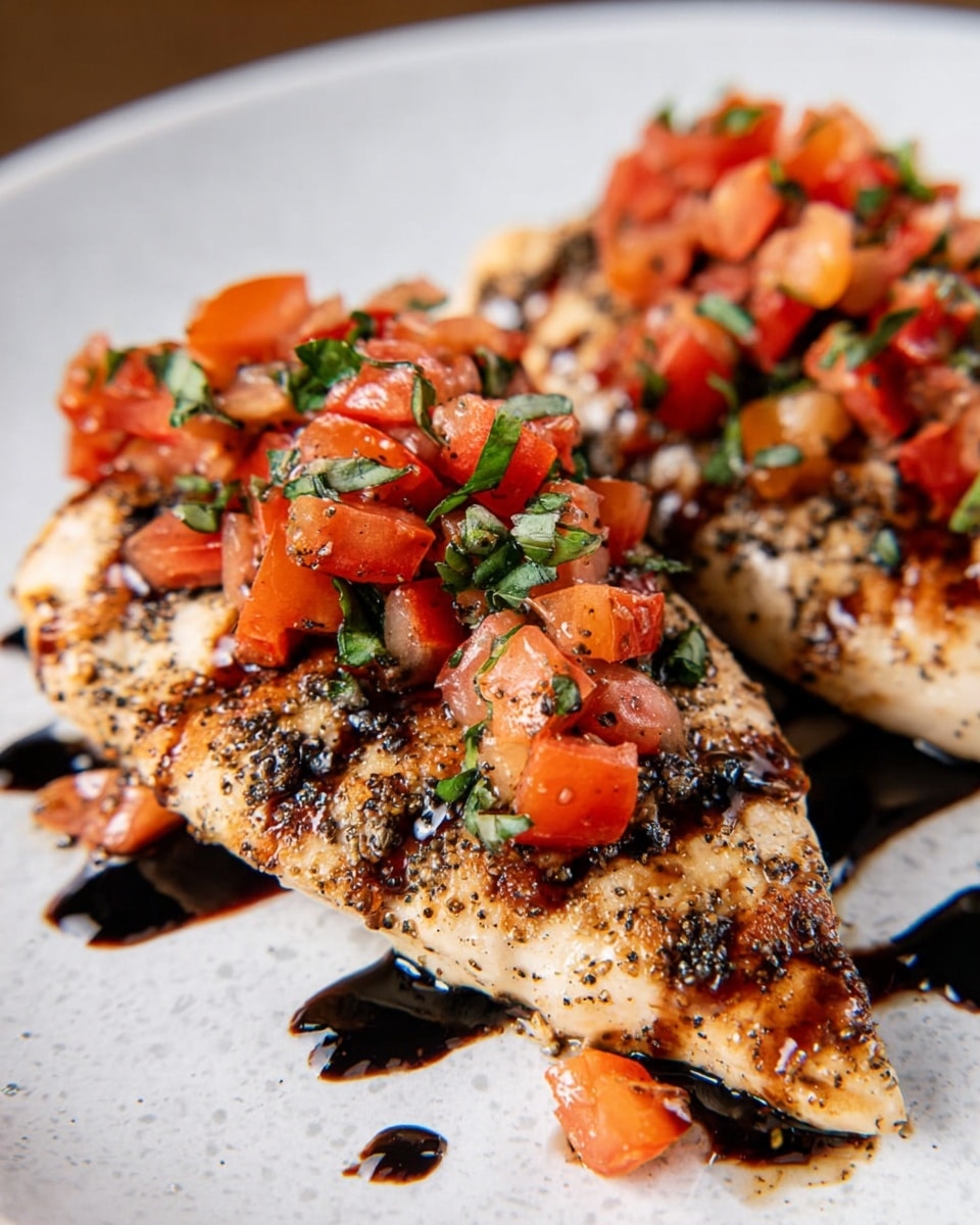 A close-up of two grilled chicken breasts on a white plate placed on a white marbled surface. Each chicken piece is golden brown with a speckled texture of black and dark char marks from grilling. On top is a fresh bruschetta mixture made of red diced tomatoes and green chopped basil, adding vibrant red and green colors. The dish is finished with a glossy dark brown balsamic glaze drizzled over the chicken and tomato mixture, creating a shiny contrast. photo taken with an iphone --ar 4:5 --v 7