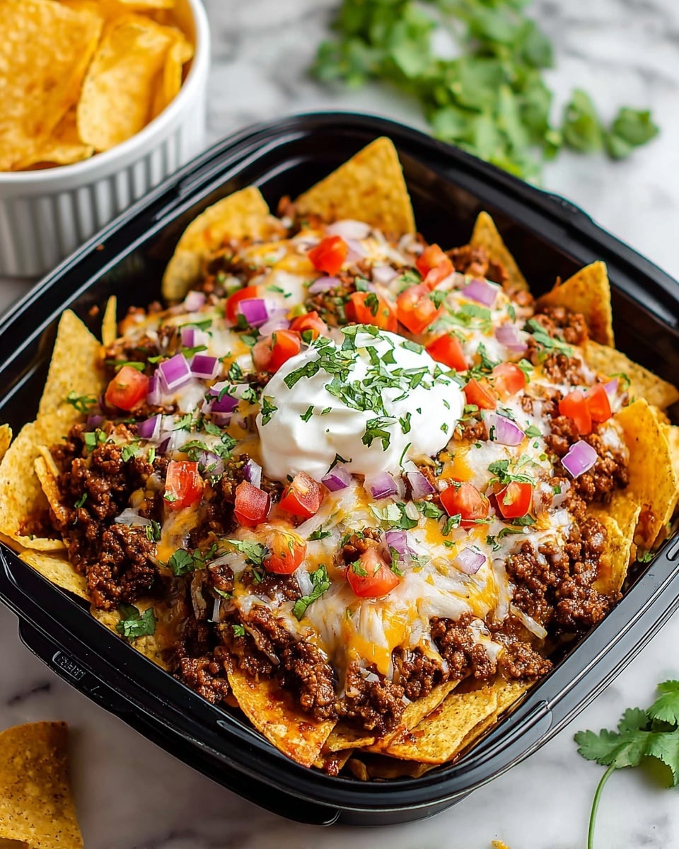 A white bowl holds a layer of yellow corn tortilla chips arranged standing up, topped with a layer of cooked brown ground beef pieces evenly spread. Over this is a melted mix of white and light yellow shredded cheese covering most chips and beef. On top of the cheese are small chopped red tomatoes, finely diced purple onions, and chopped green cilantro scattered around. In the center, a dollop of white sour cream has some small cilantro pieces on it. The bowl sits on a white marbled surface with a gray cloth to one side and some green herbs blurred in the background. photo taken with an iphone --ar 4:5 --v 7