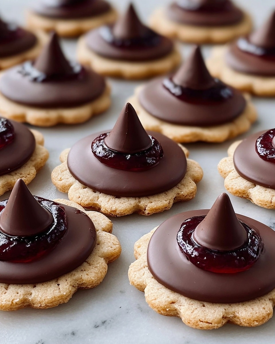 The image shows several chocolate-covered circular cookies arranged in neat rows on a white marbled surface. Each cookie has three layers: a base layer of a light beige biscuit with a slightly scalloped edge, a middle layer of smooth milk chocolate covering the top of the biscuit fully and extending to the edges, and a top layer consisting of a single large, cone-shaped chocolate piece placed in the center. Around the base of each cone is a thin ring of shiny, dark red syrup. The chocolate on the cookies has a glossy finish with some small air bubbles and texture details visible. Photo taken with an iphone --ar 4:5 --v 7