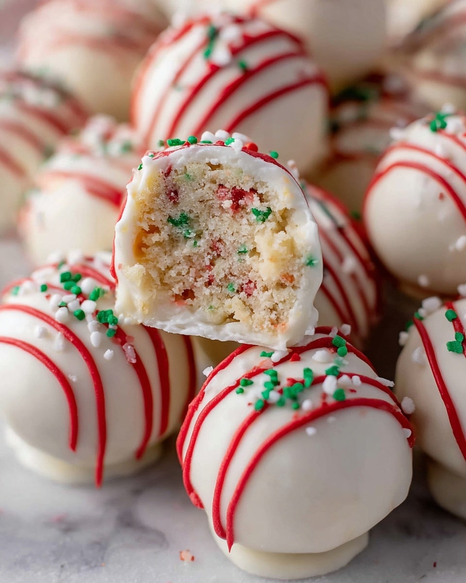 This image shows round cake balls coated in smooth white frosting, each decorated with three thin red lines running across the top and small green sprinkles scattered on the surface. One cake ball is cut in half and placed on top, revealing an inside layer made of a crumbly mixture with visible bits of red, green, and white pieces, giving it a festive look. The cake balls are arranged together on a white marbled surface, creating a bright and cheerful presentation. photo taken with an iphone --ar 4:5 --v 7
