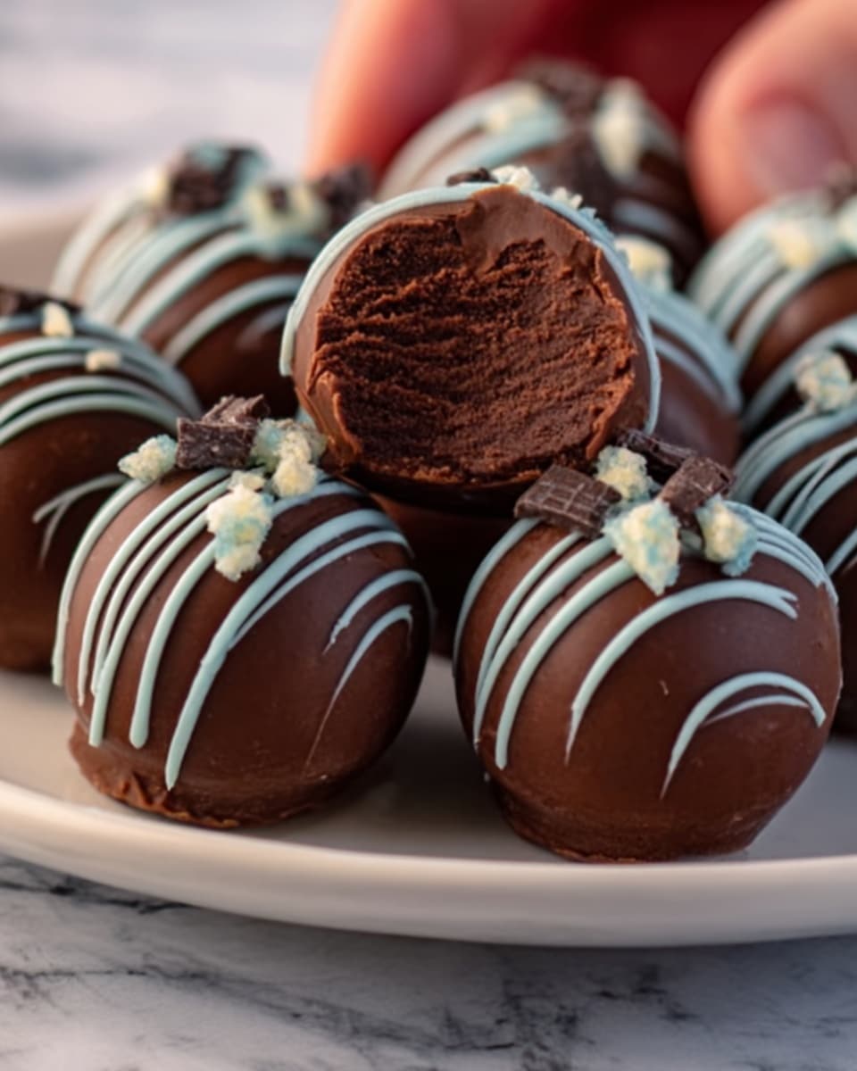 The image shows a close-up of several round chocolate truffles arranged on a white plate, each with smooth, shiny dark brown surfaces. Some truffles are decorated with thin, light blue drizzle lines that run across the top, while others are topped with small pieces of crushed white and dark chocolate. The inside of one truffle is visible, showing a rich, dense, and dark chocolate filling. The background features a white marbled texture, and a woman's hand is gently holding one truffle at the edge of the plate. photo taken with an iphone --ar 4:5 --v 7