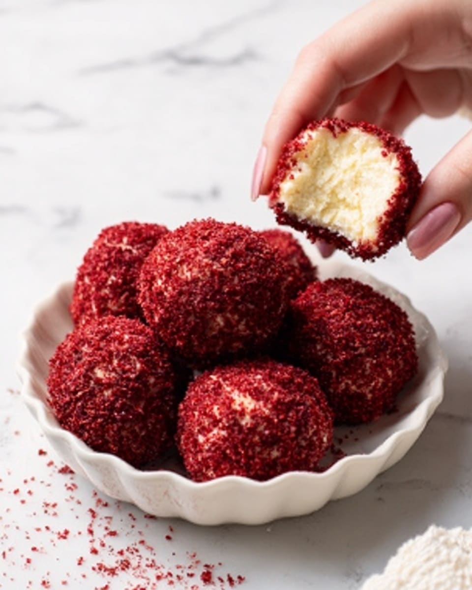 A white bowl on a white marbled surface holds six round balls covered in a deep red crumb layer. One ball is cut open, showing a soft, creamy white inside with a smooth texture. The red crumbs look coarse and bright, giving a strong contrast to the pale filling. The balls are stacked casually, with some crumbs scattered around the bowl edges. Photo taken with an iphone --ar 4:5 --v 7