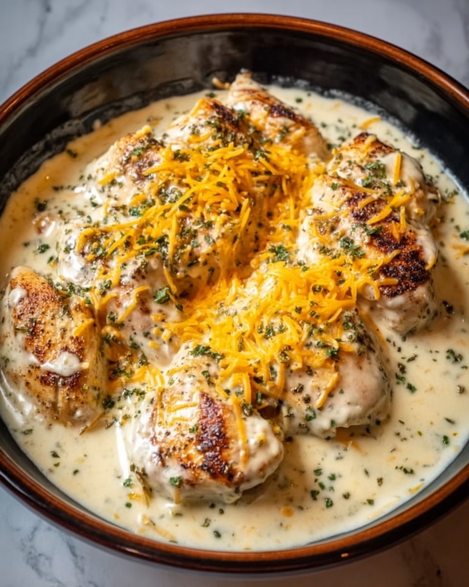 The image shows a black bowl filled with four pieces of chicken covered in creamy white sauce. The chicken pieces are arranged closely inside the bowl, each topped with a layer of melted shredded orange cheese and sprinkled with green herbs for garnish. The sauce looks smooth and thick, coating the chicken evenly. The background is a white marbled texture. photo taken with an iphone --ar 4:5 --v 7