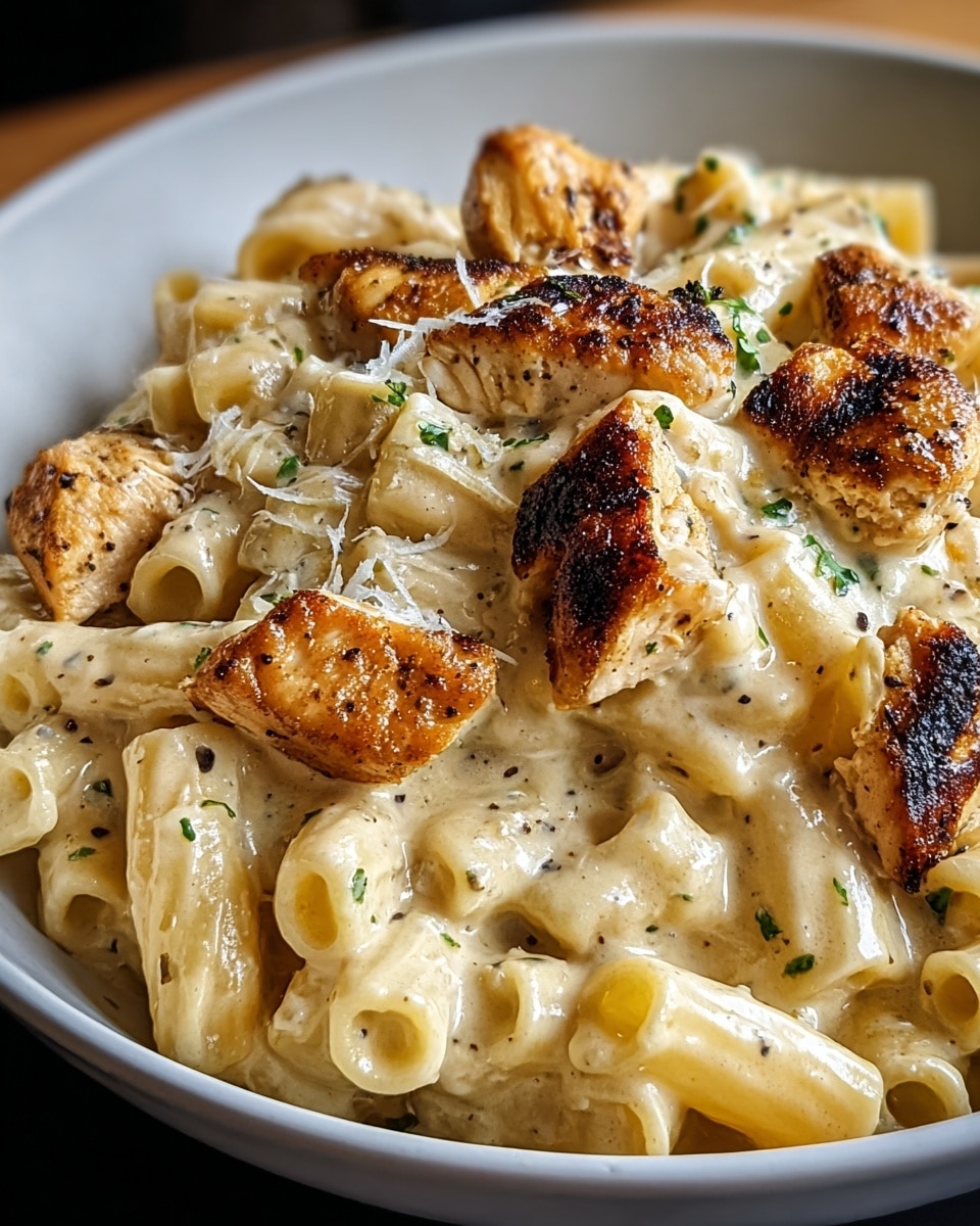 The dish shows a white bowl filled with creamy pasta and chicken. The bottom layer is rigatoni pasta coated in a thick, light beige sauce with a smooth texture. On top, there are several pieces of golden brown grilled chicken, slightly crispy on the edges with grill marks. Small green herb bits are scattered over the dish, adding a touch of color against the creamy sauce. The pasta and chicken are mixed well, with the sauce covering all parts, creating a rich and appetizing look. The bowl is placed on a white marbled surface. photo taken with an iphone --ar 4:5 --v 7