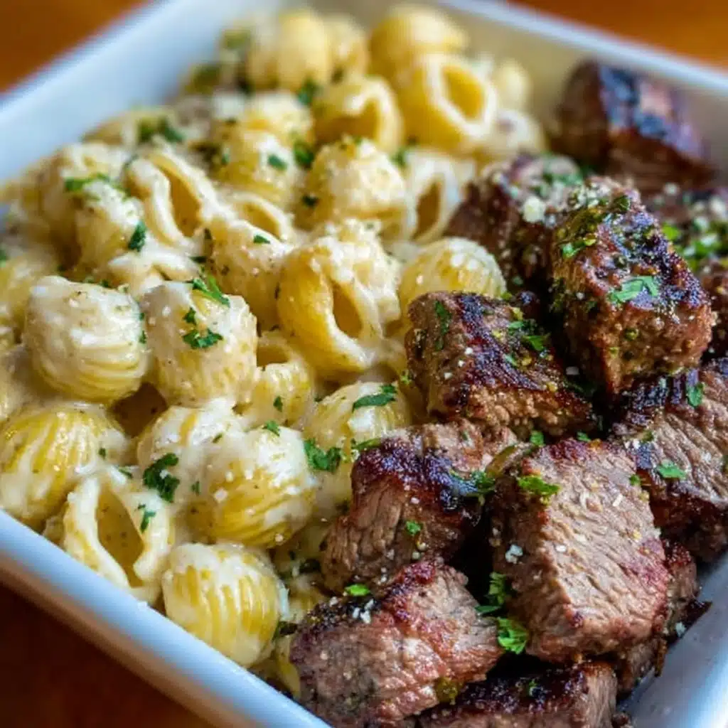 Steak Bites and Shell Pasta in Garlic Butter Alfredo Sauce Recipe - Recipe Image