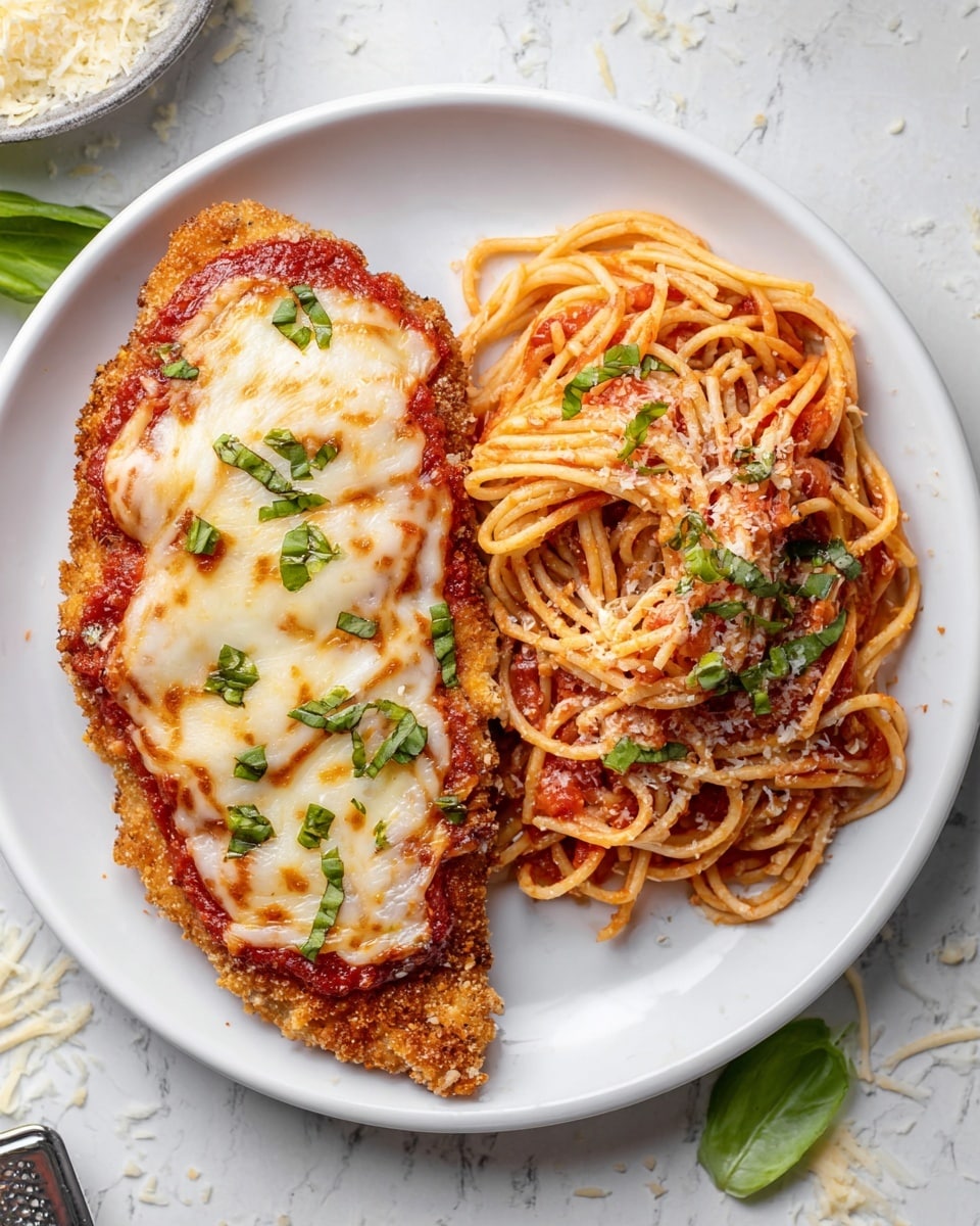 The dish shows a white plate with two main parts: on the left is a piece of chicken parmesan with three visible layers—a crispy golden-brown breaded chicken base, a bright red tomato sauce in the middle, and a thick, gooey layer of melted white cheese on top, sprinkled with small green basil pieces. To the right of the chicken is a tangled pile of spaghetti, coated evenly in reddish tomato sauce, lightly sprinkled with grated cheese and small green herb bits. The plate rests on a white marbled surface with scattered green leaves and some grated cheese around it. photo taken with an iphone --ar 4:5 --v 7
