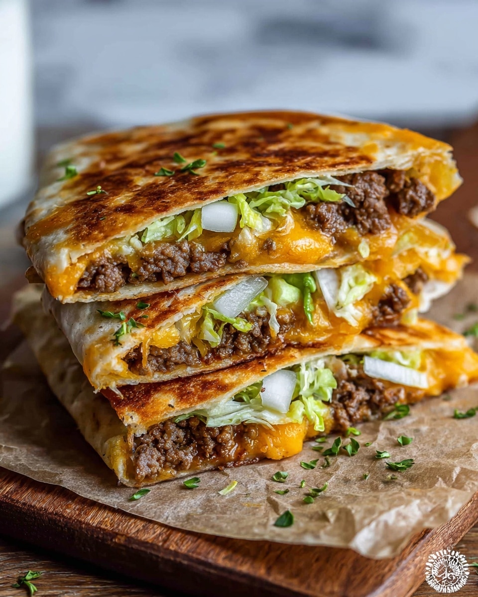 A close-up image of three stacked quesadilla pieces on brown paper, showing three layers each: a golden-brown crispy grilled tortilla with a slightly textured surface on top and bottom, a bright yellow melted cheese layer inside, seasoned ground beef with a crumbly texture, and fresh shredded green lettuce mixed with small white onion pieces in the middle. The layers reveal a mix of warm and fresh ingredients inside the grilled fold. The background surface is a white marbled texture with soft focus. photo taken with an iphone --ar 4:5 --v 7