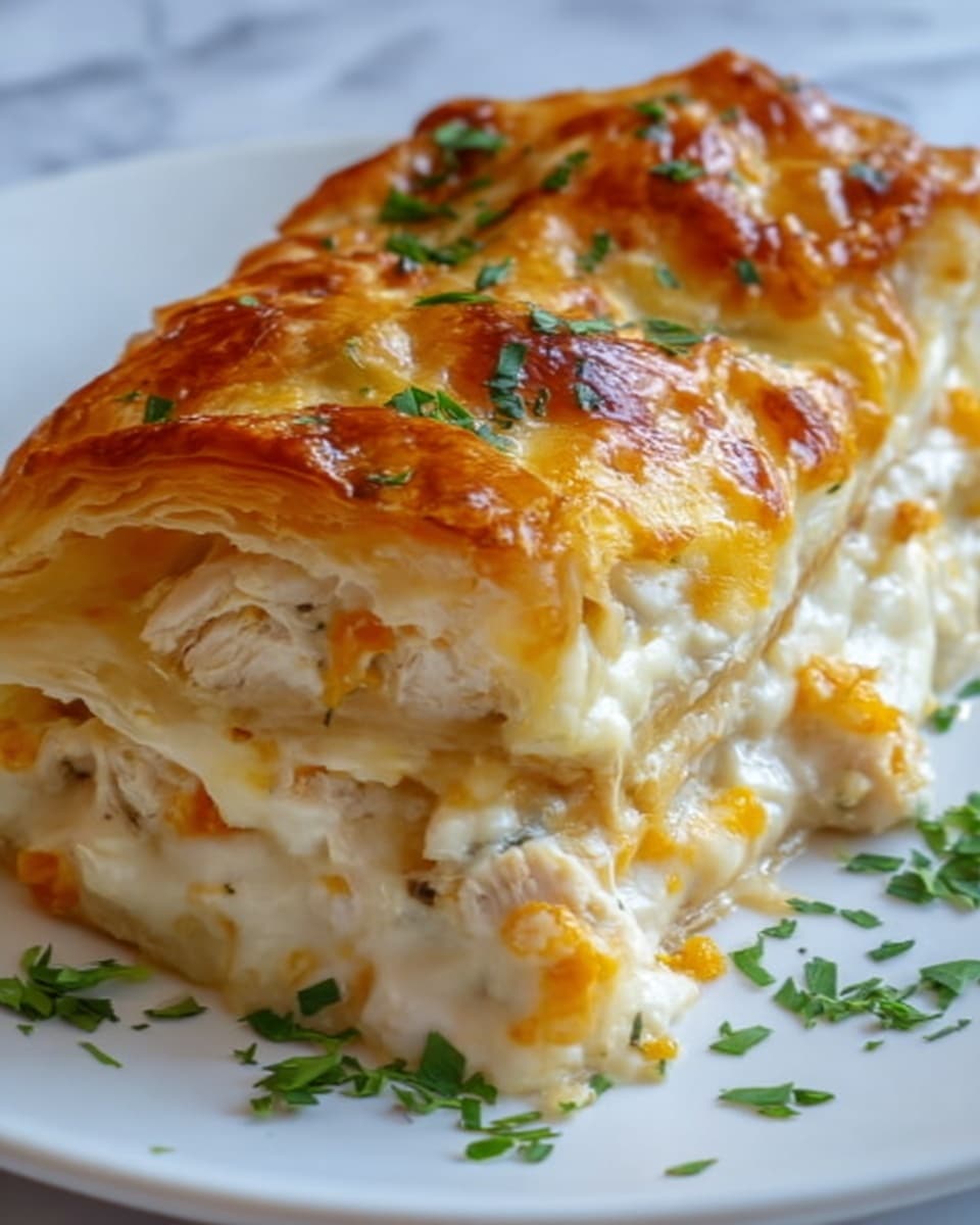 A close-up of a white plate on a white marbled surface holding a creamy chicken and cheese puff pastry. The dish has several layers: the bottom layer is golden, flaky pastry with a crispy texture, topped by a thick, creamy chicken filling with white and light orange bits, likely cheese. Above this filling is a melted cheese layer that has a golden orange color with slight browning at the edges, sprinkled with small green herbs for decoration. The puff pastry has a glossy finish and looks freshly baked. Photo taken with an iphone --ar 4:5 --v 7