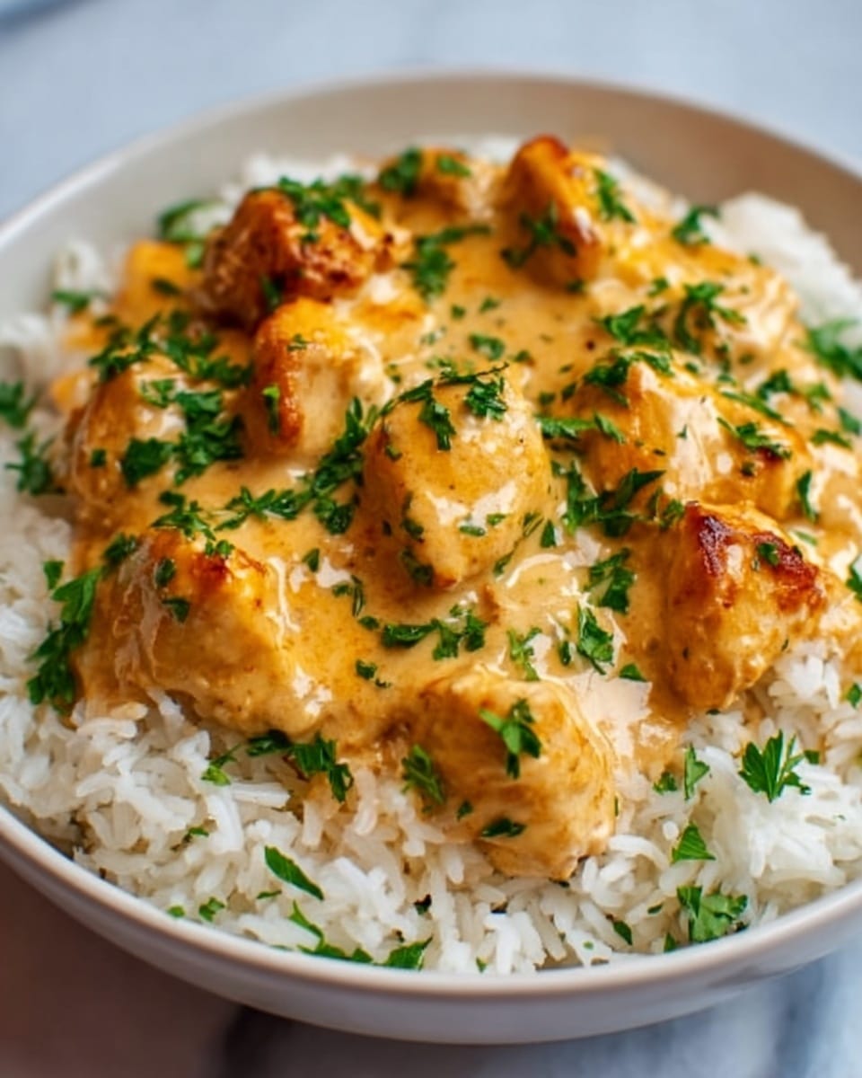 This image shows a close-up of a white bowl filled with fluffy white rice at the bottom, topped with several chunks of creamy golden chicken covered in a smooth, slightly thick orange-yellow sauce. The chicken pieces are browned a little on the edges and scattered with fresh green parsley leaves. The bowl sits on a white marbled surface, and the overall appearance is warm and appetizing with soft textures contrasting the creamy sauce and tender chicken. Photo taken with an iphone --ar 4:5 --v 7
