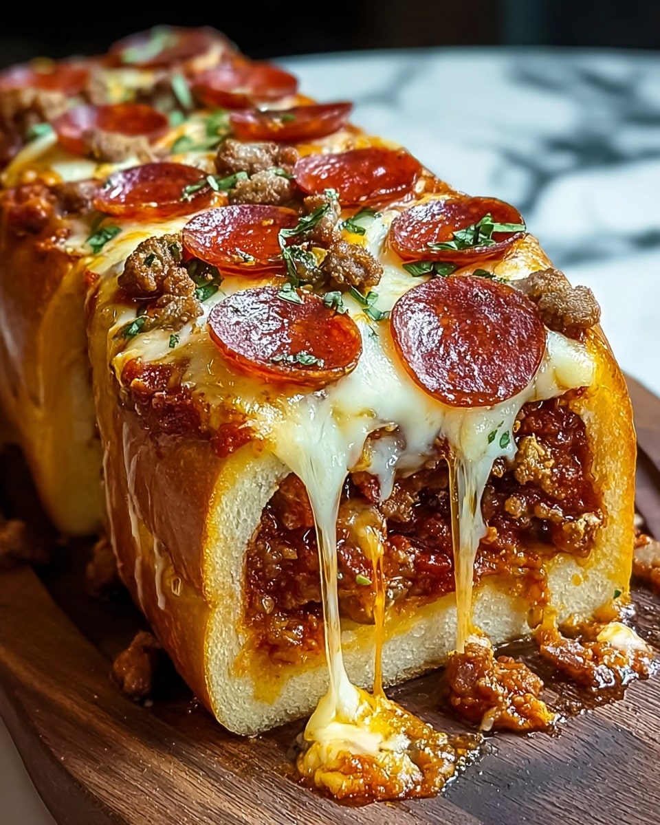 A thick sandwich cut open to show layers starting with a soft, light beige bread base at the bottom, followed by a thick layer of chunky reddish-brown cooked meat sauce mixed with tomato sauce, topped with melted golden-yellow cheese that stretches and drips down the sides, finished with round red pepperoni slices, small chunks of browned sausage, and small green herb pieces scattered on top, all resting on a dark wood board with a white marbled surface in the background. photo taken with an iphone --ar 4:5 --v 7
