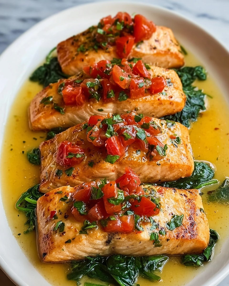 The image shows four pieces of cooked salmon fillets arranged on a white plate. Each fillet is golden-brown with a slightly crispy texture on top, topped with small chunks of bright red tomatoes and sprinkled with chopped green herbs. The salmon rests on a layer of dark green sautéed spinach that looks soft and glossy. Around the fillets, there is a light brown buttery sauce that pools on the white marbled surface beneath the plate. The whole dish looks fresh and colorful. photo taken with an iphone --ar 4:5 --v 7
