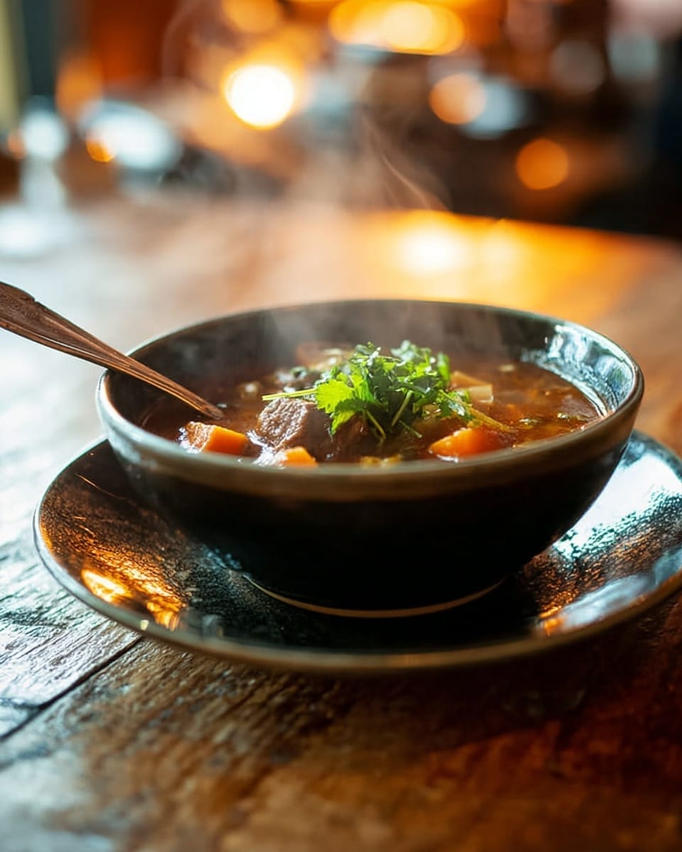 A dark ceramic bowl filled with steaming hot soup sits on a matching plate on a rustic wooden table. The soup has a rich brown broth layer with visible pieces of light brown meat, orange carrots, and other vegetables mixed in. On top, a small bunch of fresh green herbs adds color and texture. A metal spoon rests inside the bowl, shining under soft warm lights. The background shows blurred kitchen elements with a soft glow. The overall scene feels warm and inviting. Photo taken with an iphone --ar 4:5 --v 7