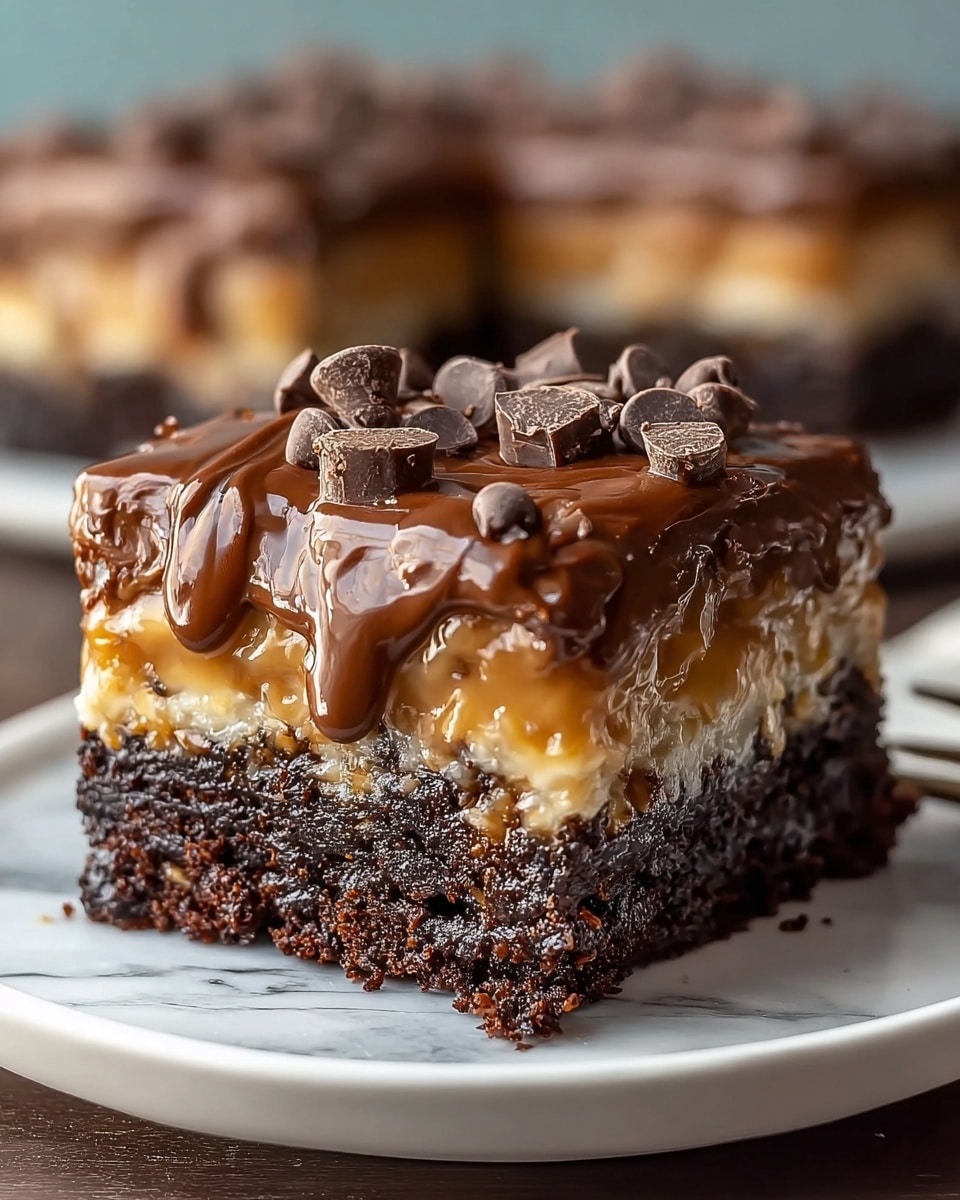 A round chocolate cake with three visible layers sits on a white marbled surface; the bottom layer is dark, crumbly chocolate cake, the middle layer is a smooth, thick chocolate mousse, and the top layer is a shiny, rich chocolate ganache spread evenly. On top, there is a pile of fresh, deep black blackberries that add texture and color contrast to the dark brown cake. The cake edges are slightly crumbly, giving a homemade feel. photo taken with an iphone --ar 4:5 --v 7