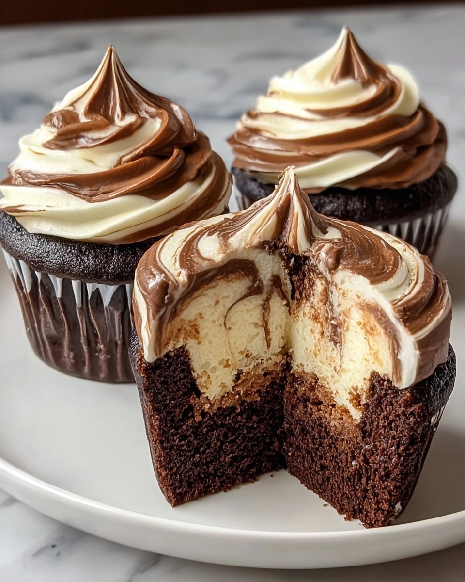 A close-up view of a rich chocolate cake slice showing three layers of dark, moist chocolate sponge. Between the layers is thick, smooth chocolate frosting, with a thick layer of the same frosting spread on top with swirled texture. Crumbled chocolate pieces are scattered on top, adding a rough, crunchy look. The cake is on a white plate, placed on a white marbled surface. Photo taken with an iphone --ar 4:5 --v 7