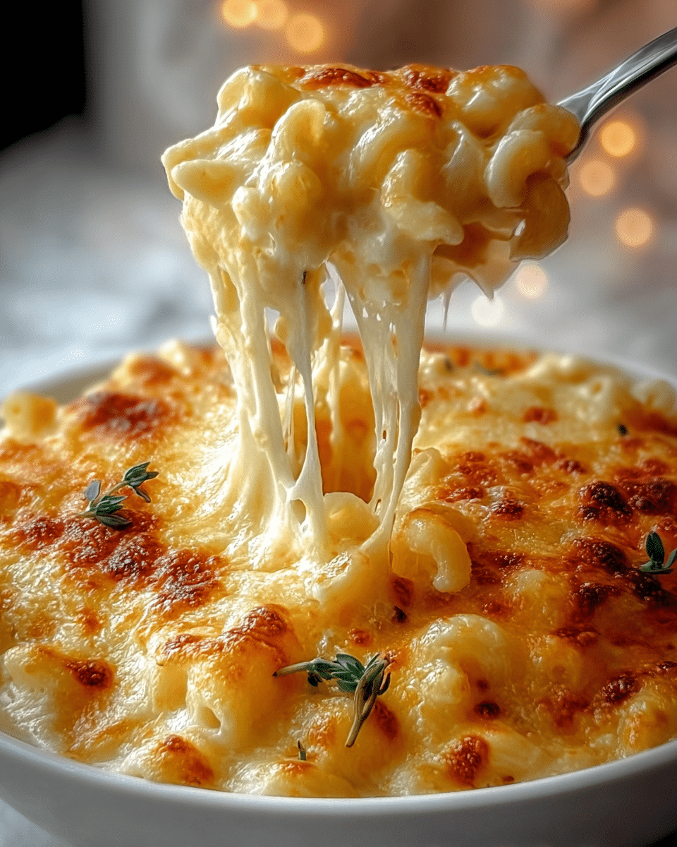 A white bowl filled with creamy baked mac and cheese showing a thick, bubbly top layer of golden brown melted cheese with small browned spots. The second layer underneath is gooey, stretchy melted cheese pulling up as a spoon lifts a portion, with macaroni pasta visible. The macaroni is pale yellow and tender, peeking through the cheese layers. Small green herb sprigs are scattered on top for a touch of color. The background has a soft focus with a warm light glow and the bowl sits on a white marbled texture. Photo taken with an iphone --ar 4:5 --v 7