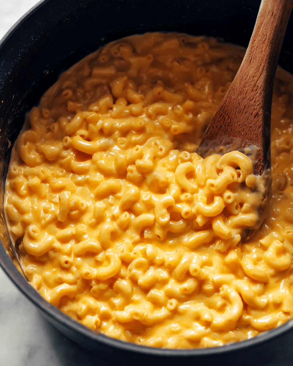 A close-up view of creamy macaroni and cheese inside a dark cooking pot, with elbow-shaped pasta coated in a smooth, rich, bright orange cheese sauce. A wooden spoon stirs the mixture, lifting a portion of the cheesy noodles, showing their soft texture and glossy surface. The background is a white marbled texture. photo taken with an iphone --ar 4:5 --v 7