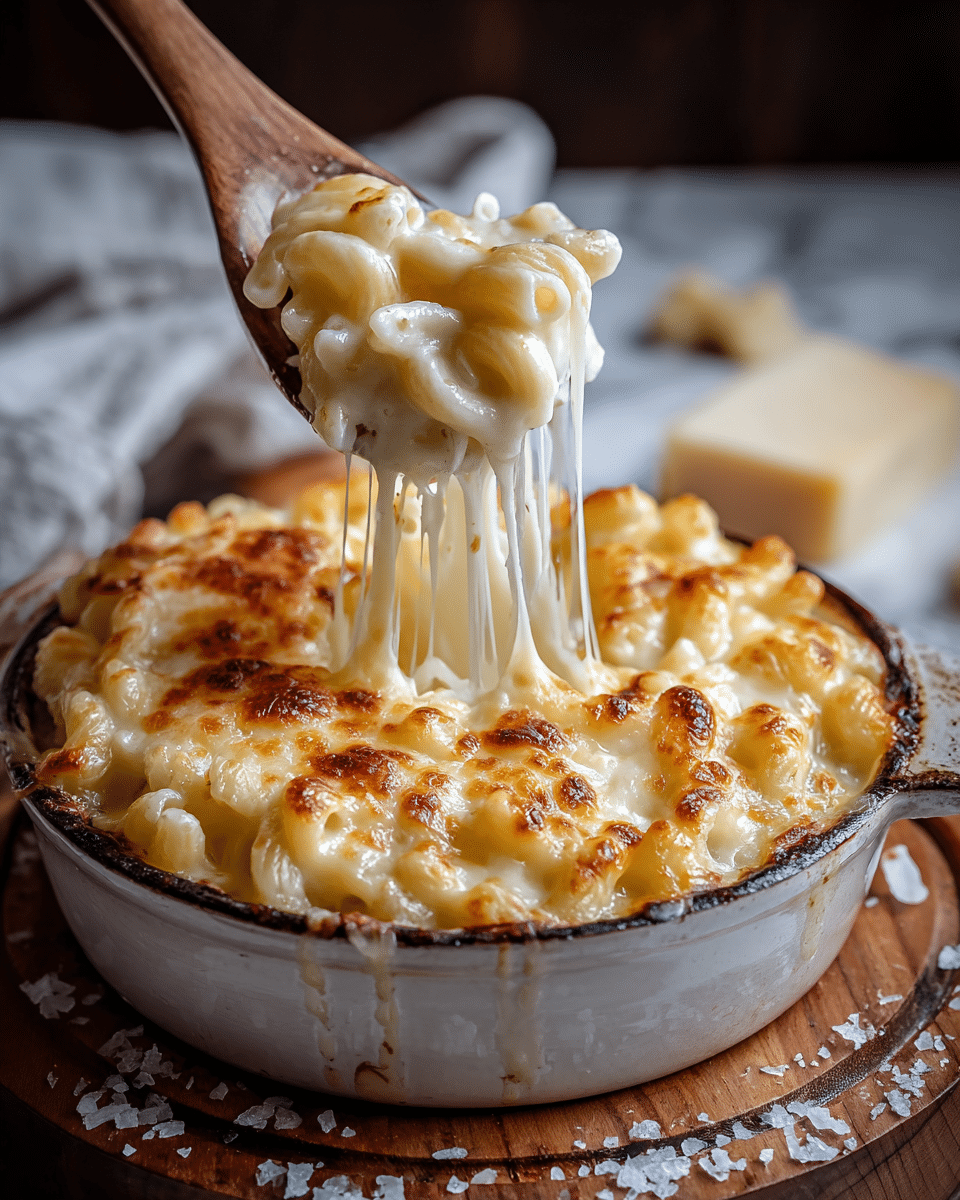 A close-up view of baked macaroni and cheese in a white round baking dish with two small handles, showing one thick layer of creamy pasta topped with a golden-brown melted cheese crust that is bubbly and slightly charred in spots; a wooden spoon lifts a portion, pulling long, gooey strings of melted white cheese connected to the soft, tubular pasta underneath. The dish sits on a white marbled surface with a neutral cloth underneath it, with soft natural light highlighting the textures and colors. Photo taken with an iphone --ar 4:5 --v 7
