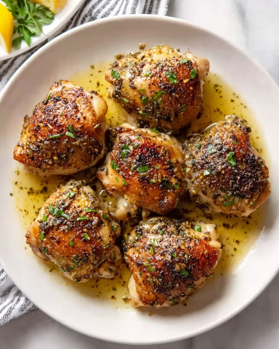 The image shows a white plate with seven golden brown roasted chicken thighs arranged in a circle, each piece crispy with a slightly charred, seasoned crust. The thighs sit in a shallow pool of light golden sauce with small green herb pieces sprinkled on top. The plate is placed on a white marbled surface. In the background, there is a glimpse of a white plate with lemon wedges and green herbs. photo taken with an iphone --ar 4:5 --v 7