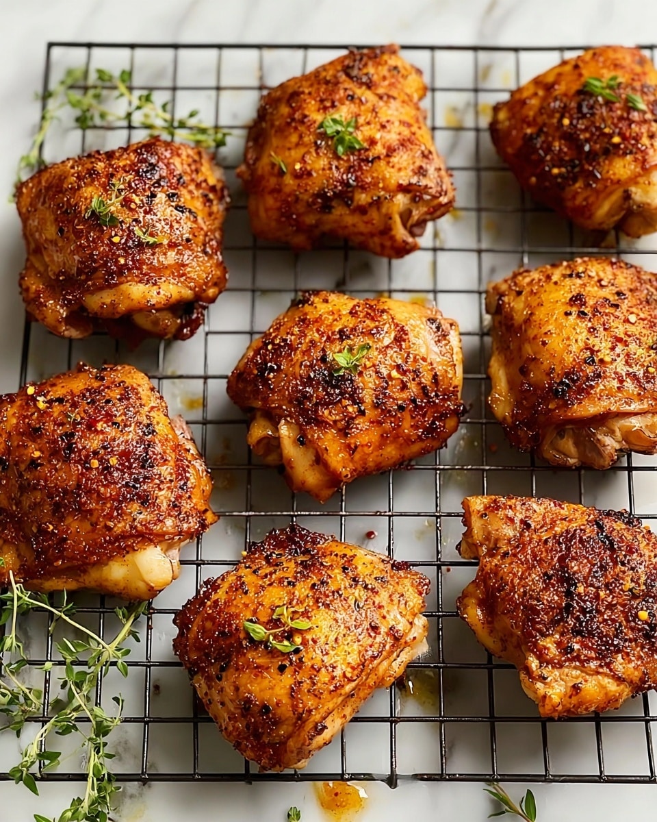 Nine pieces of golden-brown, crispy baked chicken thighs rest on a black cooling rack placed on a white marbled surface. Each piece has a textured, spiced crust with small black and red pepper flakes visible, and some have small green herb leaves on top. The chicken skin is glossy and cracked in places, showing hints of juicy, tender meat underneath. The heat from the chicken is suggested by slight oil spots on the rack and surface. Small sprigs of fresh green herbs are scattered around the edges of the rack, adding a fresh touch. photo taken with an iphone --ar 4:5 --v 7