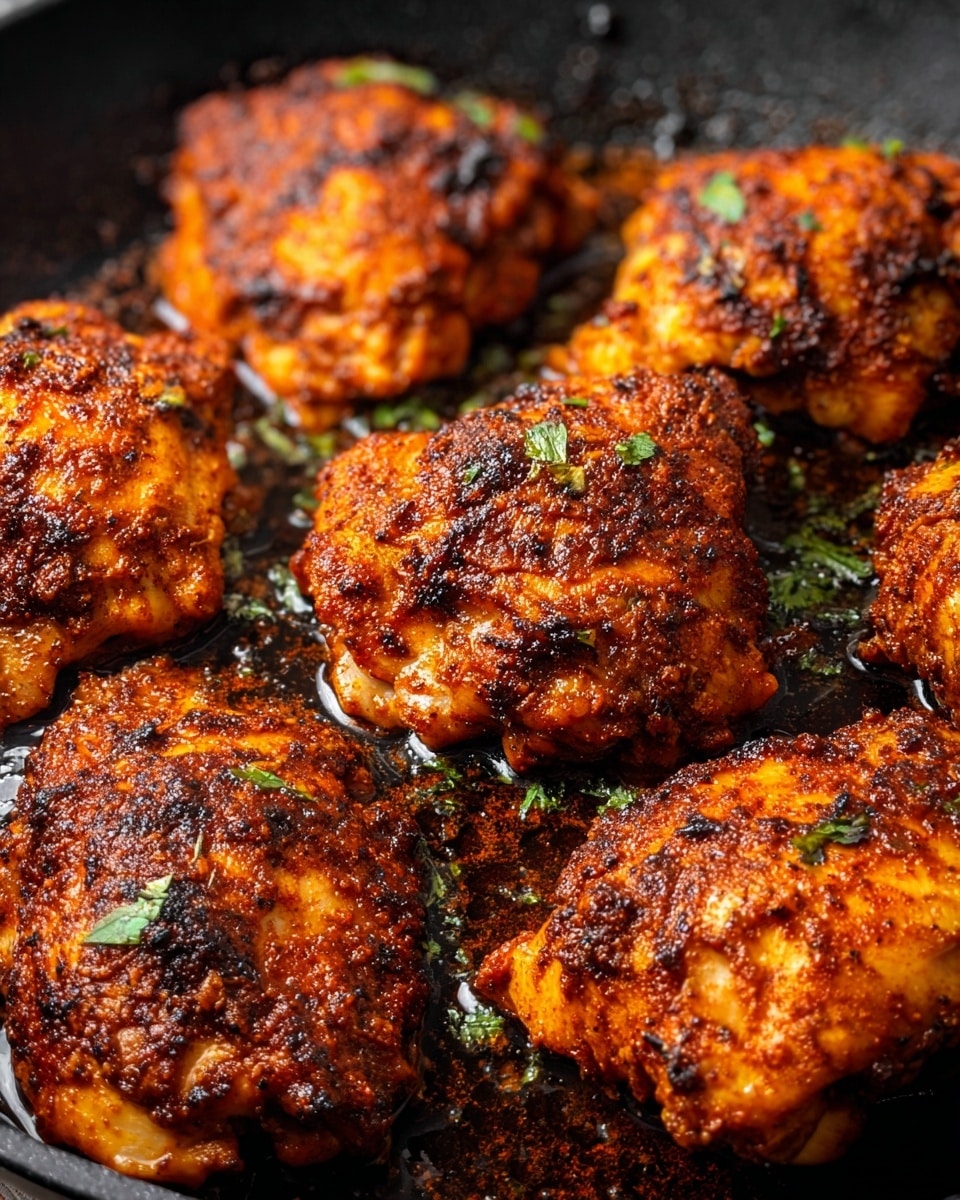 The image shows seven pieces of cooked chicken thighs inside a dark pan, each piece covered with a rich, reddish-brown spice coating and charred spots. The chicken has a crispy texture with visible caramelized edges, and small green herb leaves scattered on top for garnish. The pan surface appears oily and glossy, reflecting the heat and cooking juices with some browning and crisp bits around the chicken. The close-up view highlights the detailed texture and coloring of each piece, with a soft focus on the background. Photo taken with an iphone --ar 4:5 --v 7