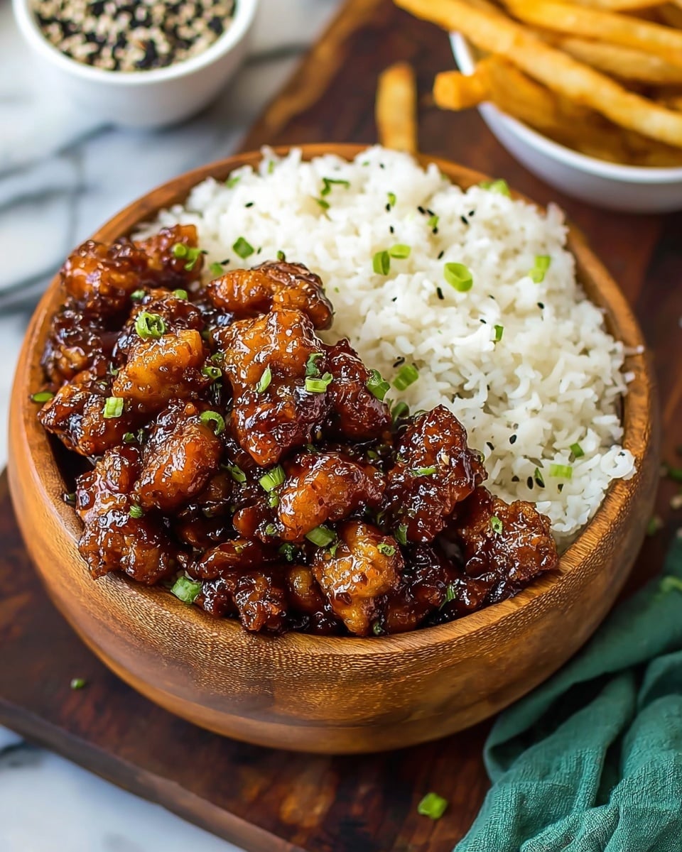 A wooden bowl filled with two layers: the bottom layer is white steamed rice with a soft, fluffy texture, and the top layer is crispy chicken pieces coated in a shiny, dark brown glaze that looks sticky and sweet. The chicken is sprinkled with small green onion pieces for color. The bowl sits on a white marbled surface, with a teal cloth partially visible nearby and some scattered green onion pieces. In the background, there is a white bowl with a mix of black and white sesame seeds and to the side, some golden fries can be seen slightly out of focus. Photo taken with an iphone --ar 4:5 --v 7