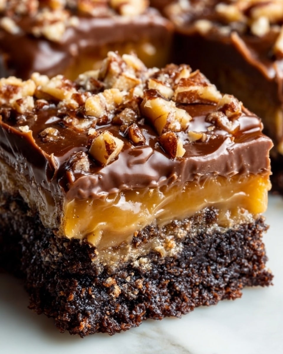 The image shows a close-up of a dessert bar with three visible layers. The bottom layer is dark, crumbly, and chocolatey, resembling a dense brownie or cookie base. Above that is a thick, gooey, golden caramel layer with a shiny texture. The top layer consists of melted milk chocolate spread unevenly, with small pieces of chopped nuts scattered over it. The background is a white marbled surface. Photo taken with an iphone --ar 4:5 --v 7