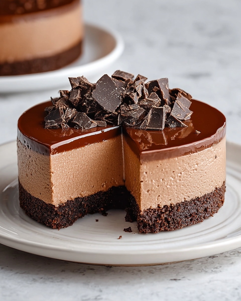 A three-layer chocolate dessert sits on a white plate with a raised rim on a white marbled surface. The bottom layer is dark brown, rough-textured, and looks like a thick cookie or brownie crust. The middle layer is thick, smooth, and light brown, resembling a creamy mousse. The top layer is a shiny, darker brown glaze covering the mousse completely. On top of the glaze, there are many small, irregular pieces of dark chocolate arranged in a pile. A small bite is taken out from the front of the dessert, showing the smoothness and thickness of the mousse layer inside. Photo taken with an iphone --ar 4:5 --v 7