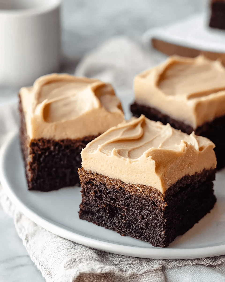 The image shows three square pieces of chocolate cake with a thick layer of light brown frosting on top. Each cake piece has one dense and moist dark brown layer at the bottom, topped by a smooth and creamy light brown frosting layer that is spread evenly but with slight swirls. The cake squares are placed close to each other on a white plate, which sits on a white marbled surface with a soft cloth nearby. The overall look is simple and inviting, focusing on the contrast between the dark cake and the lighter frosting. photo taken with an iphone --ar 4:5 --v 7
