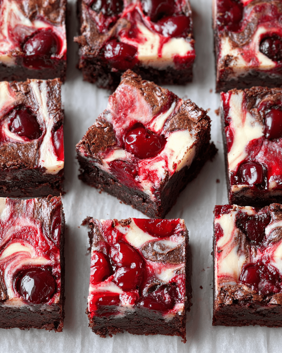 The image shows several square cherry cream cheese swirl brownies arranged on a white marbled surface; each brownie has three visible layers starting with a dark, moist chocolate base at the bottom, followed by swirled patterns of creamy white cheese mixed with bright red cherry sauce on top, creating a marbled effect with smooth and glossy textures; chunks of whole cherries are visible inside the red swirls, adding a shiny, juicy detail, and the edges of some brownies have slightly crisp, darker baking marks. photo taken with an iphone --ar 4:5 --v 7