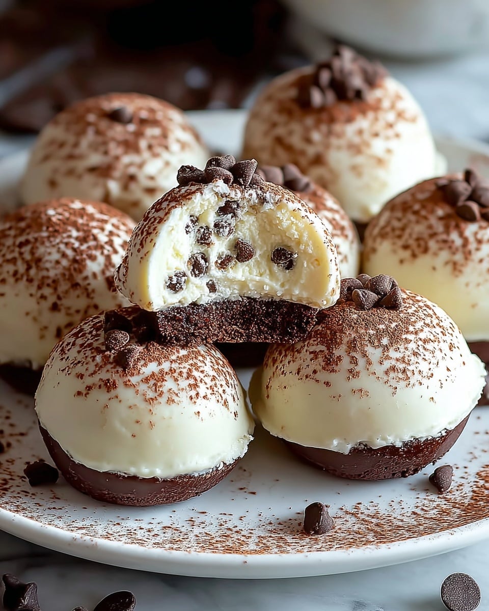 The image shows a plate of round cream-filled chocolate desserts stacked in a small pile. Each piece has a bottom layer of dark brown, soft-looking chocolate cake with a smooth, white cream layer that covers more than half of the top and sides. The desserts are dusted with a light sprinkling of cocoa powder, creating a speckled texture on the white cream. One piece is cut open and placed on top, revealing a thick, fluffy white cream center. On top of the cut piece, there are a few small, dark chocolate chips. The white plate is decorated with cocoa powder around the edge and sits on a white marbled surface. Photo taken with an iphone --ar 4:5 --v 7