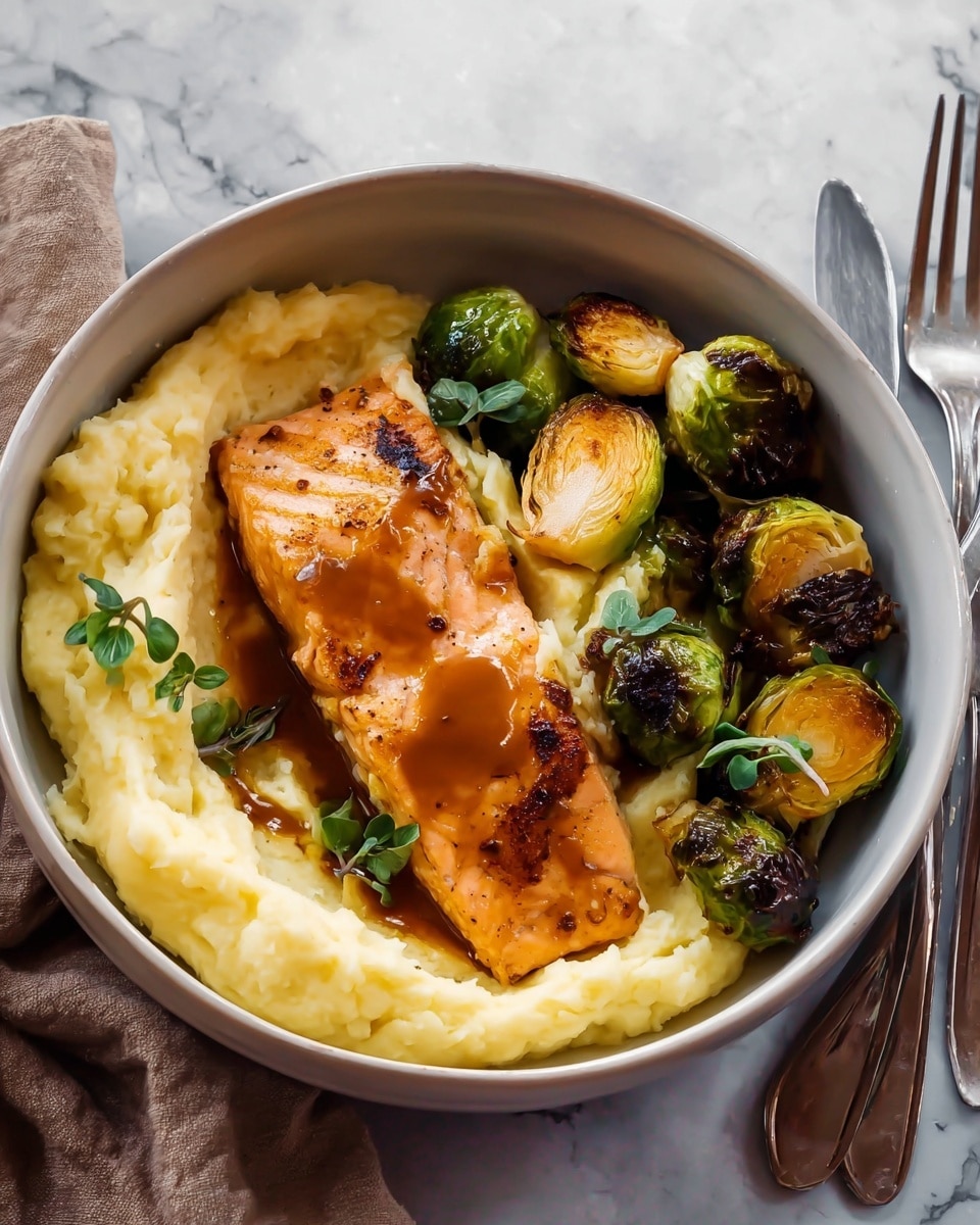 A bowl holds a meal with three main layers: the bottom layer is creamy, pale yellow mashed potatoes that fill half the bowl with a smooth, slightly textured surface. The middle layer has a piece of glazed salmon sashimi-colored with a shiny, caramelized brown sauce drizzle on top, placed slightly off-center. Surrounding the salmon are small roasted Brussels sprouts, dark green with browned edges, and golden brown roasted potato wedges. Small green herb leaves are scattered over the salmon and vegetables, adding a touch of freshness. The bowl is white, sitting on a white marbled textured surface, with a fork and knife beside it. Photo taken with an iphone --ar 4:5 --v 7