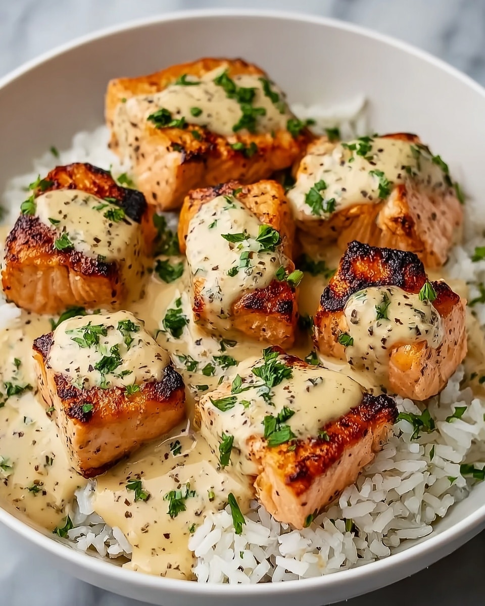 The image shows a white bowl filled with a base layer of fluffy white rice topped with six pieces of grilled salmon. Each salmon piece is golden brown with a slight char, and is generously covered with a creamy light beige sauce that has small black pepper specks. The sauce is sprinkled with fresh chopped green herbs, adding a pop of color. The bowl sits on a white marbled surface. photo taken with an iphone --ar 4:5 --v 7