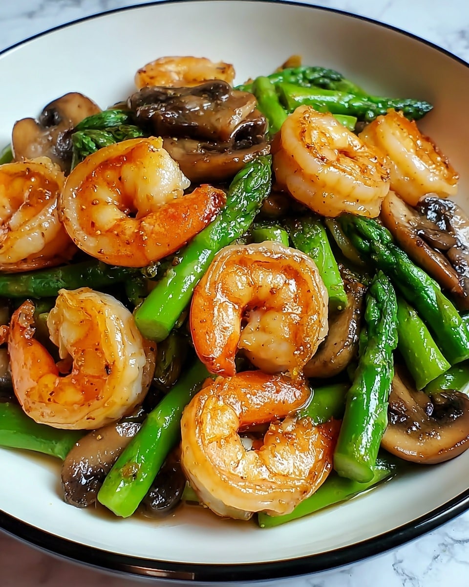 The dish shows a close-up of cooked shrimp, asparagus, and mushrooms on a white plate with a black rim. There are about ten shrimp that are cooked to a light orange with a glistening, slightly oily texture. Underneath them, green asparagus spears with a smooth and shiny surface are visible, cut into short pieces and spread throughout. Brown, sliced mushrooms with a soft texture are mixed among the asparagus and shrimp. The ingredients are coated with a light sauce giving a slight shine, and the plate rests on a white marbled surface. photo taken with an iphone --ar 4:5 --v 7