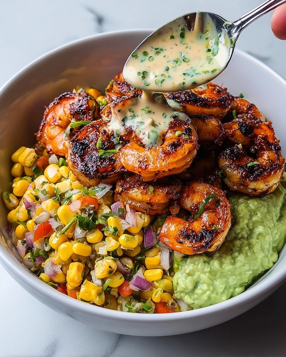 A white bowl filled with three main layers: on the bottom right is a smooth light green avocado mash, next to it on the left is a colorful corn salsa made with bright yellow corn kernels, small red and white onion pieces, green herbs, and some red pepper bits; on top of these layers are several large, charred shrimp with deep orange and dark brown grill marks, stacked loosely in the bowl. Above the shrimp, a creamy white sauce with green flecks is being poured from a spoon held by a woman's hand. The bowl sits on a white marbled surface. photo taken with an iphone --ar 4:5 --v 7