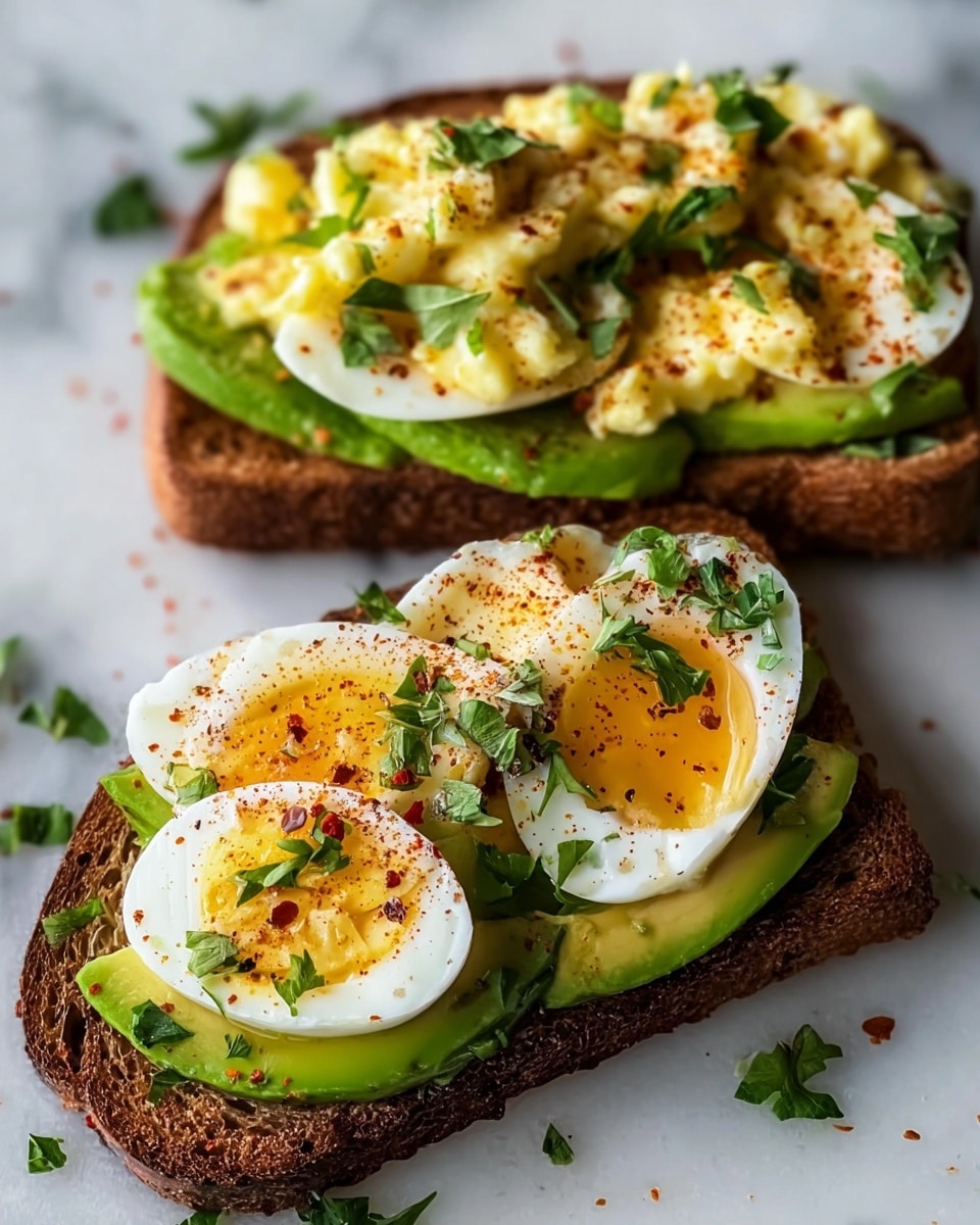 Two slices of toasted brown bread are laid on a white marbled surface. Each slice is topped with green avocado slices forming the first layer, followed by halved boiled eggs with firm white and yellow yolk layers. The top layer is scrambled egg mixed with a light drizzle of oil, sprinkled with red seasoning and fresh chopped green herbs, scattered slightly around the bread. The textures range from creamy avocado to soft scrambled eggs on crunchy bread. Photo taken with an iphone --ar 4:5 --v 7