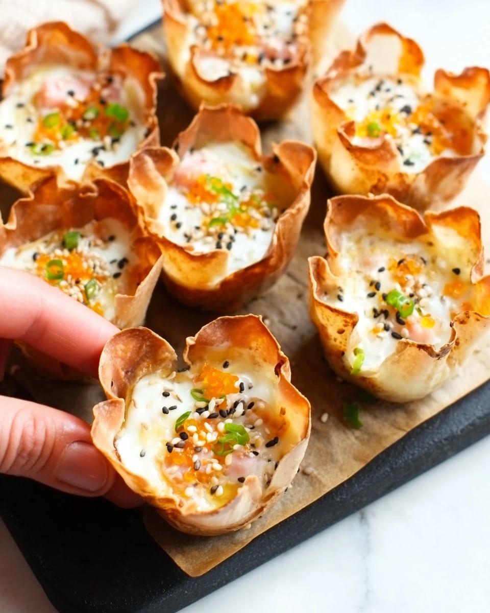 The image shows several small cups made from light brown crispy wrappers shaped like flowers, each filled with a creamy white mixture. The tops are garnished with small orange bits, some sprinkled with black and white seeds, adding color contrast. The cups are placed closely on a black tray sitting on a white marbled surface, and a woman's hand is seen picking one of the cups. The overall look is neat and appetizing with a mix of smooth and textured elements. photo taken with an iphone --ar 4:5 --v 7