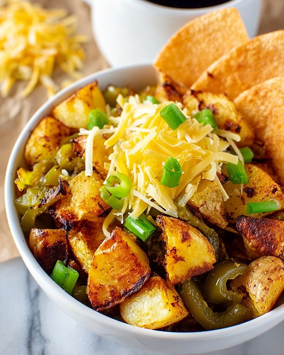 A white bowl filled with golden-brown roasted potato chunks mixed with small pieces of cooked green peppers, topped with thin slices of bright green onion and a small pile of shredded yellow cheese. Behind the bowl, there are two crispy light brown chips visible, all placed on a white marbled surface. The textures show the crispy edges of the potatoes and the soft melted cheese on top. photo taken with an iphone --ar 4:5 --v 7