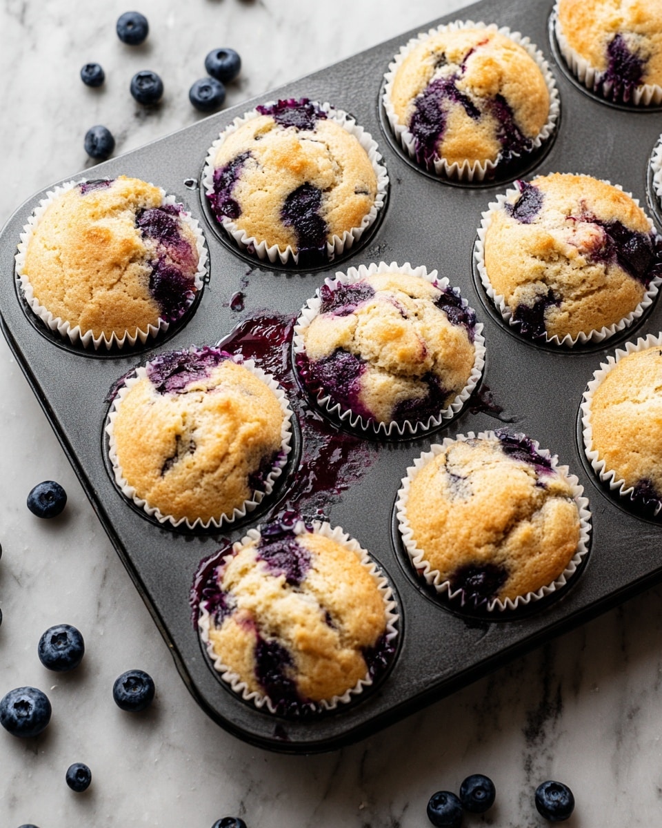 The image shows a black metal muffin tray holding twelve freshly baked blueberry muffins. Each muffin has a golden brown top with visible cracks and dark purple blueberry bursts peeking through, creating a marbled effect on the surface. The muffins are in white paper liners and look soft and moist. Around the tray on a white marbled surface, there are scattered whole blueberries adding a fresh touch and a bit of dark blue color contrast. The muffin tray has some blueberry juice stains, enhancing the homemade feel. The scene has bright natural light highlighting the texture of the muffins and the shiny blueberries. photo taken with an iphone --ar 4:5 --v 7