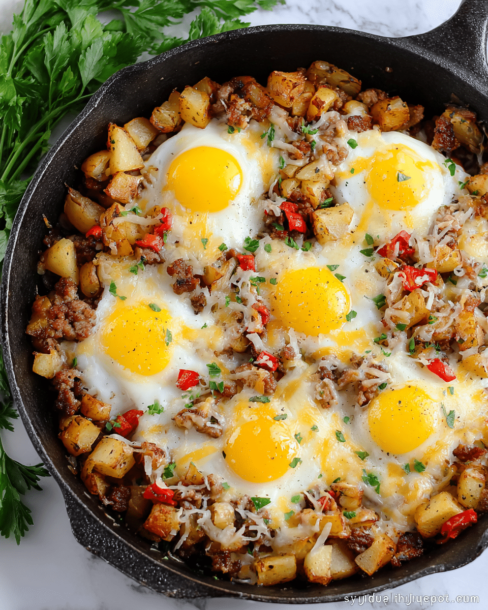 A close-up view of a black cast iron skillet filled with a breakfast dish featuring four sunny-side-up eggs placed evenly around the center. Around the eggs is a thick layer of diced golden-brown potatoes mixed with browned sausage pieces and small red pepper bits. The dish is topped with melting shredded yellow and white cheese, evenly spread and slightly crispy in spots. In the background, fresh green parsley adds a pop of color, and the skillet rests on a white marbled texture surface. Photo taken with an iphone --ar 4:5 --v 7