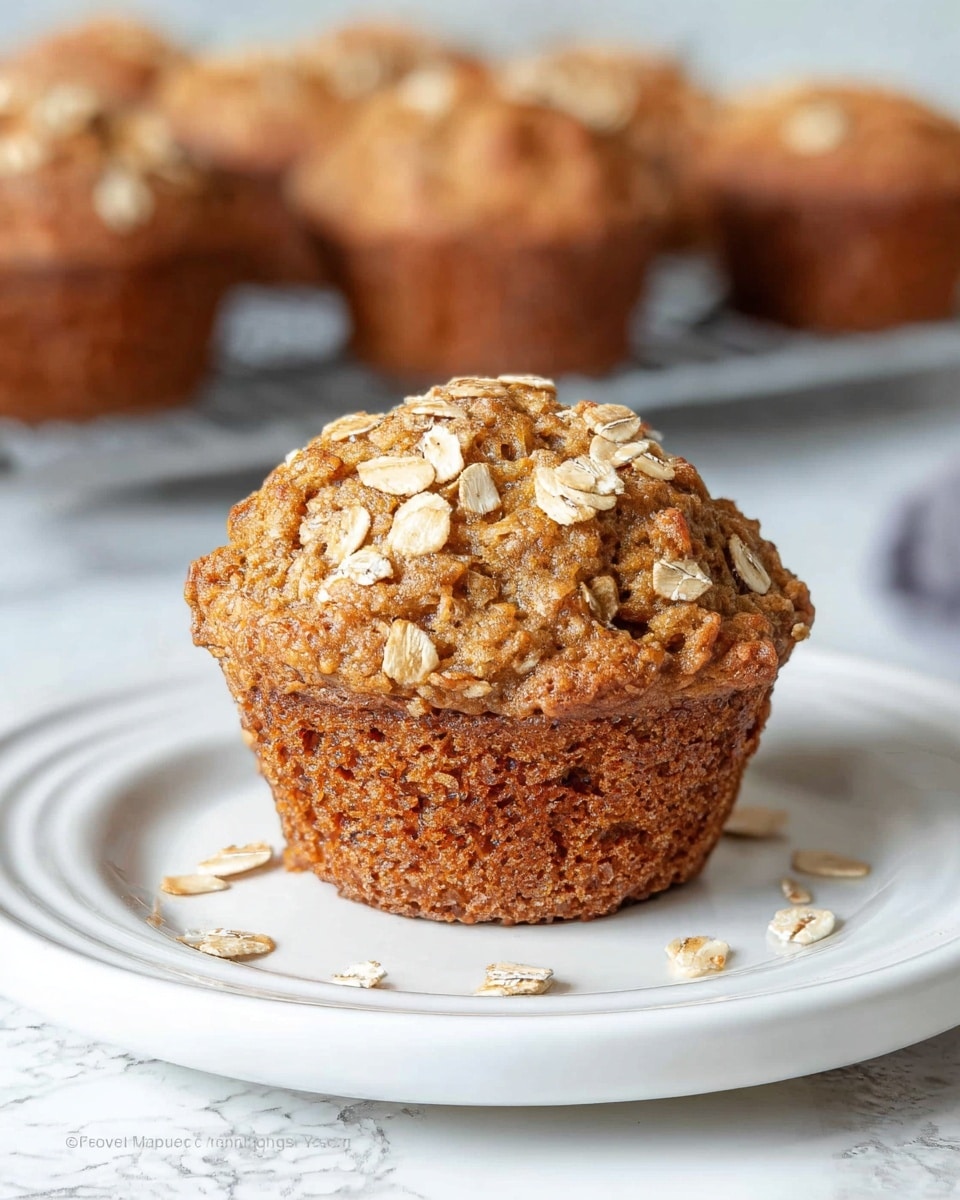 A single oatmeal muffin sits centered on a white plate, with a golden brown base featuring a textured ridged wrapper and a rough, crumbly top layer full of oats and small nut pieces. The muffin looks soft and dense, with a slightly uneven surface showing bits of oats sticking out. The background has blurred yellow bananas and a white marbled texture surface beneath the plate. photo taken with an iphone --ar 4:5 --v 7