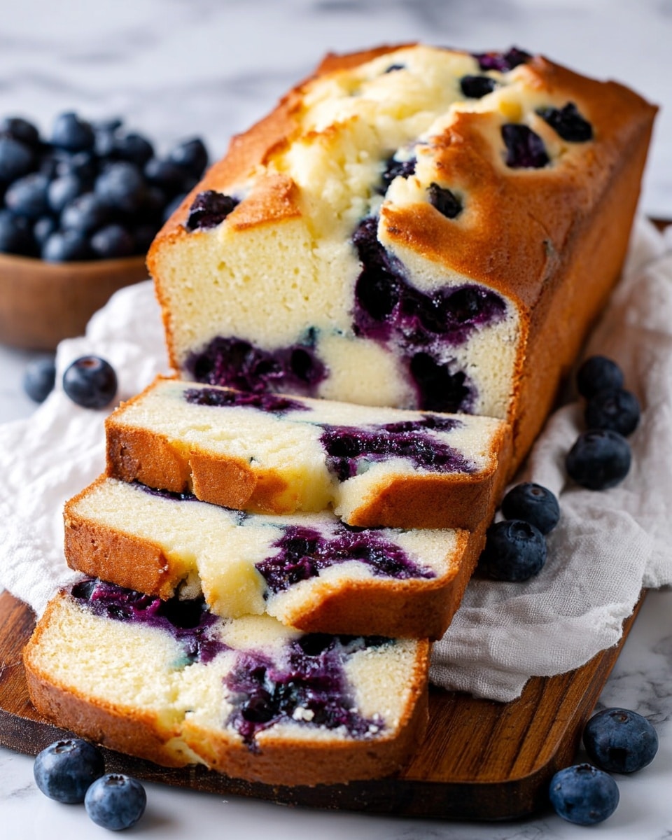 This image shows a loaf of blueberry cake with two slices cut from it, placed on a wooden board lined with white parchment paper. The cake has one main layer, pale yellow in color with bursts of dark purple blueberries spread evenly inside. The crust on top is golden brown with cracks revealing the soft inside and blueberry pieces peeking through. Fresh blueberries are scattered around the cake on the board. The background is a white marbled texture. photo taken with an iphone --ar 4:5 --v 7