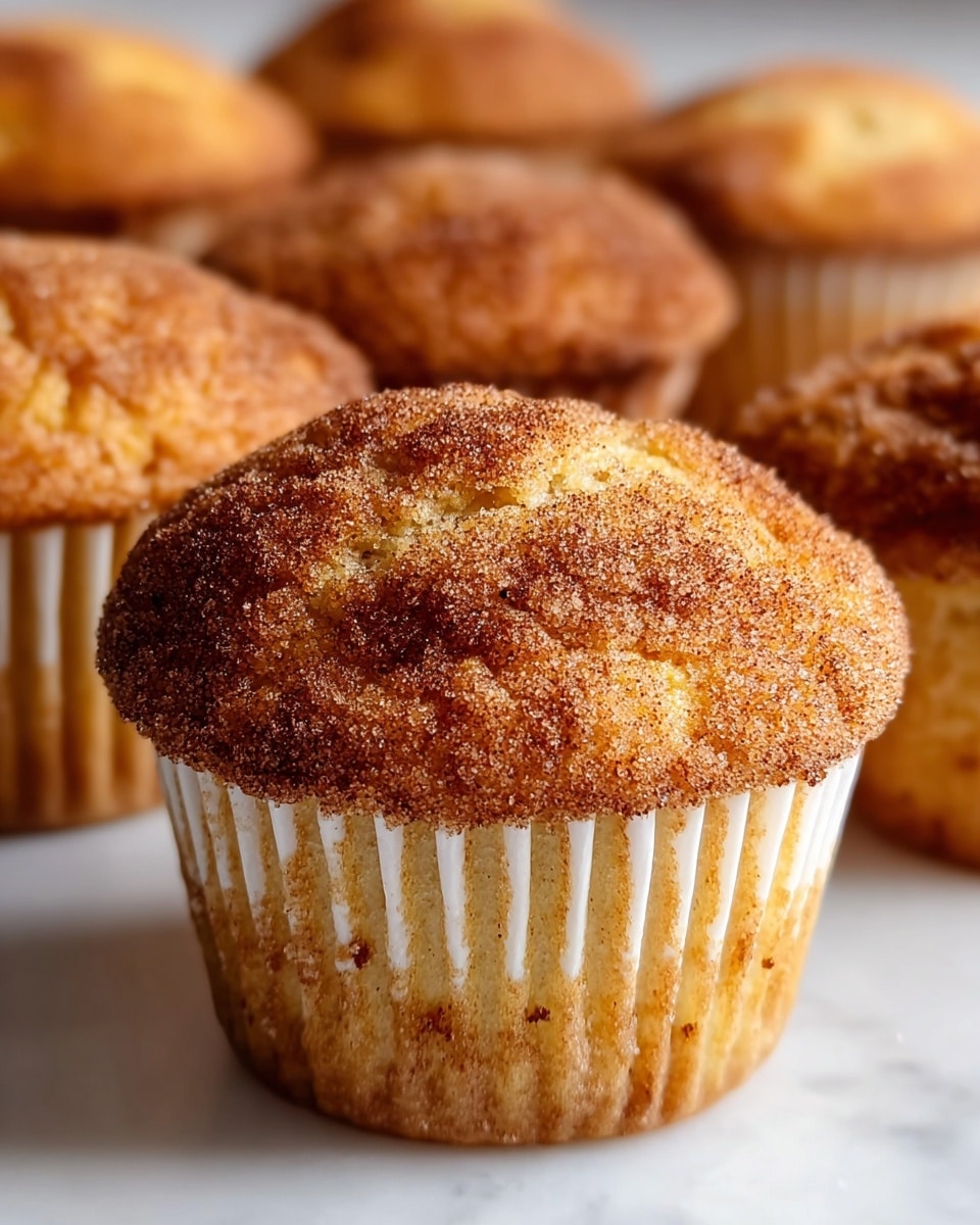 The image shows a close-up view of a golden-brown muffin with a slightly cracked top covered in a layer of cinnamon sugar, giving it a rough texture. The muffin's base is inside a white paper liner with vertical ridges, showing a light golden color with small darker specks. In the background, there are several more muffins similar in color and texture, softly blurred to keep focus on the front muffin. All muffins sit on a white marbled surface. The lighting highlights the sugary topping and the soft, fluffy texture of the muffin's inside. photo taken with an iphone --ar 4:5 --v 7