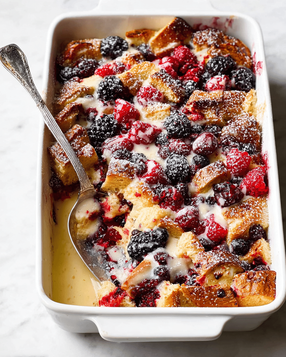 A white rectangular baking dish holds a layered berry bread pudding. The bottom layer consists of golden-brown toasted bread pieces with a slightly crispy texture, soaked in a creamy custard that is lightly visible beneath. On top of the bread, there is a generous mix of fresh berries including red raspberries, blackberries, and dark blue blueberries, all evenly spread across the surface. A light cream sauce is drizzled over the berries in thin, uneven lines, adding a glossy finish. The dessert is dusted with a fine layer of powdered sugar, giving a soft white accent on the berries and bread. A silver spatula is placed inside on one side where a piece has been scooped out, showing the moist interior layers. The dish is set on a white marbled surface. photo taken with an iphone --ar 4:5 --v 7