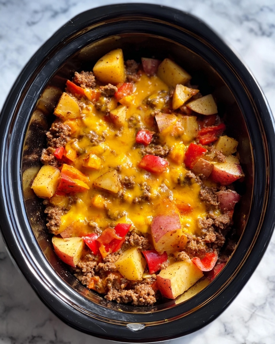 The image shows a close-up of a slow cooker filled with a colorful mixture of cooked ingredients. The bottom layer consists of ground meat in small crumbly pieces with a brown color. On top, there are chunks of yellow and red bell peppers along with pieces of potato that have a soft texture and light yellow and reddish hues. The entire dish is covered with melted bright yellow cheese that looks gooey and smooth, spreading evenly over the ingredients. The slow cooker is black, sitting on a white marbled surface. Photo taken with an iphone --ar 4:5 --v 7