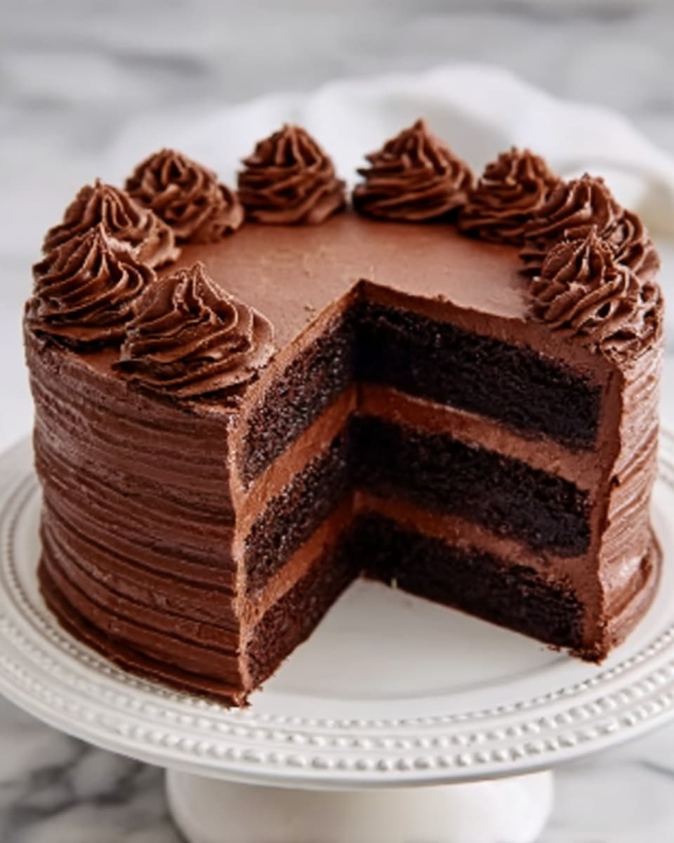 A six-layer chocolate cake with each layer showing a rich, dark brown color and smooth chocolate filling between them. The outside is fully covered with creamy chocolate frosting, decorated on top with eight swirls of the same frosting evenly spaced around the edge. The cake sits on a white plate with small raised dot details around the rim, placed on a white marbled surface. Photo taken with an iphone --ar 4:5 --v 7