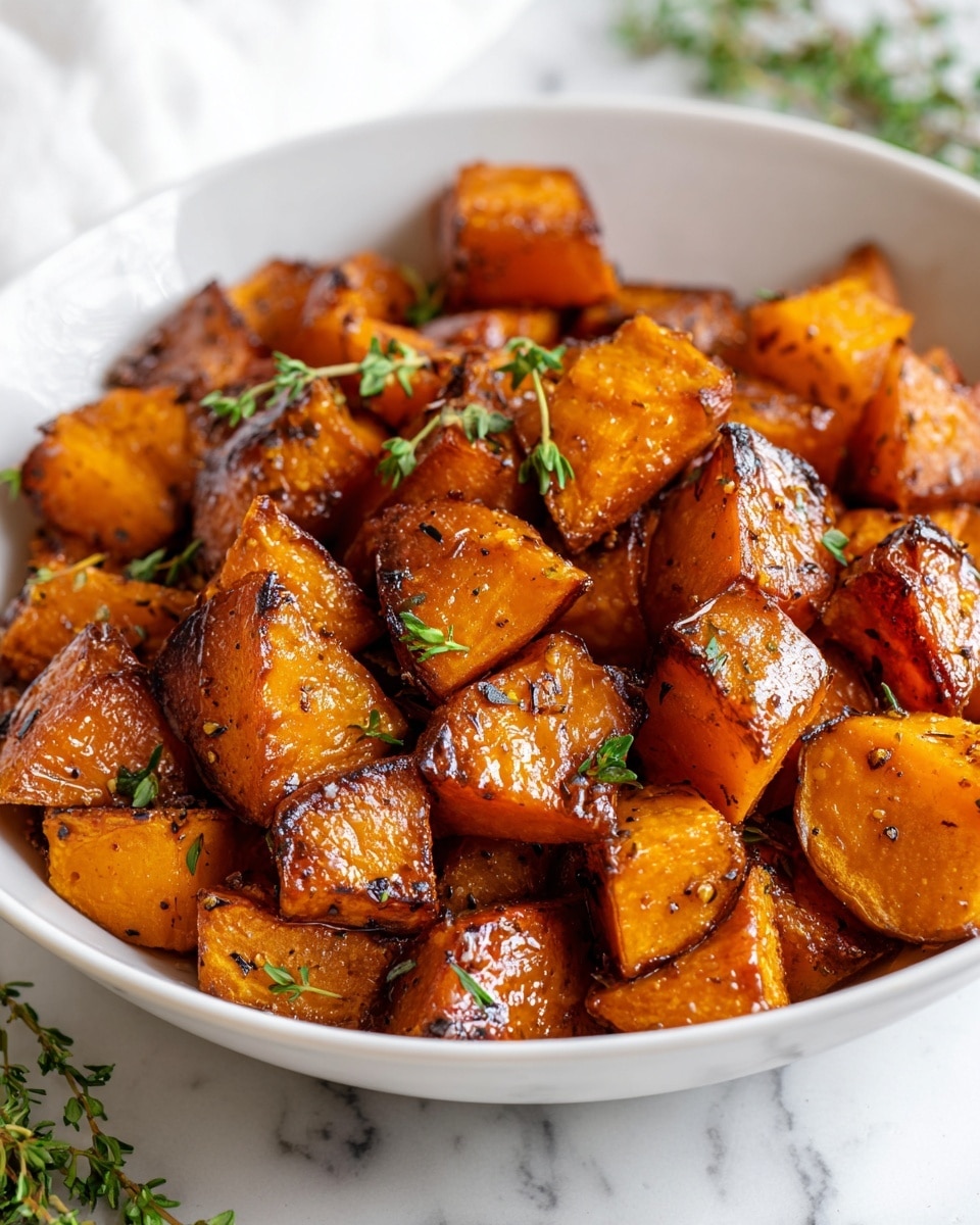 A white bowl filled with many roasted sweet potato cubes showing a shiny, caramelized, dark orange color on most sides with some edges looking slightly charred and crispy. Small green thyme sprigs are scattered on top and around the bowl, adding a fresh touch. The bowl is set on a white marbled surface, and a white cloth is softly visible in the background, giving a warm, home-cooked feel. photo taken with an iphone --ar 4:5 --v 7