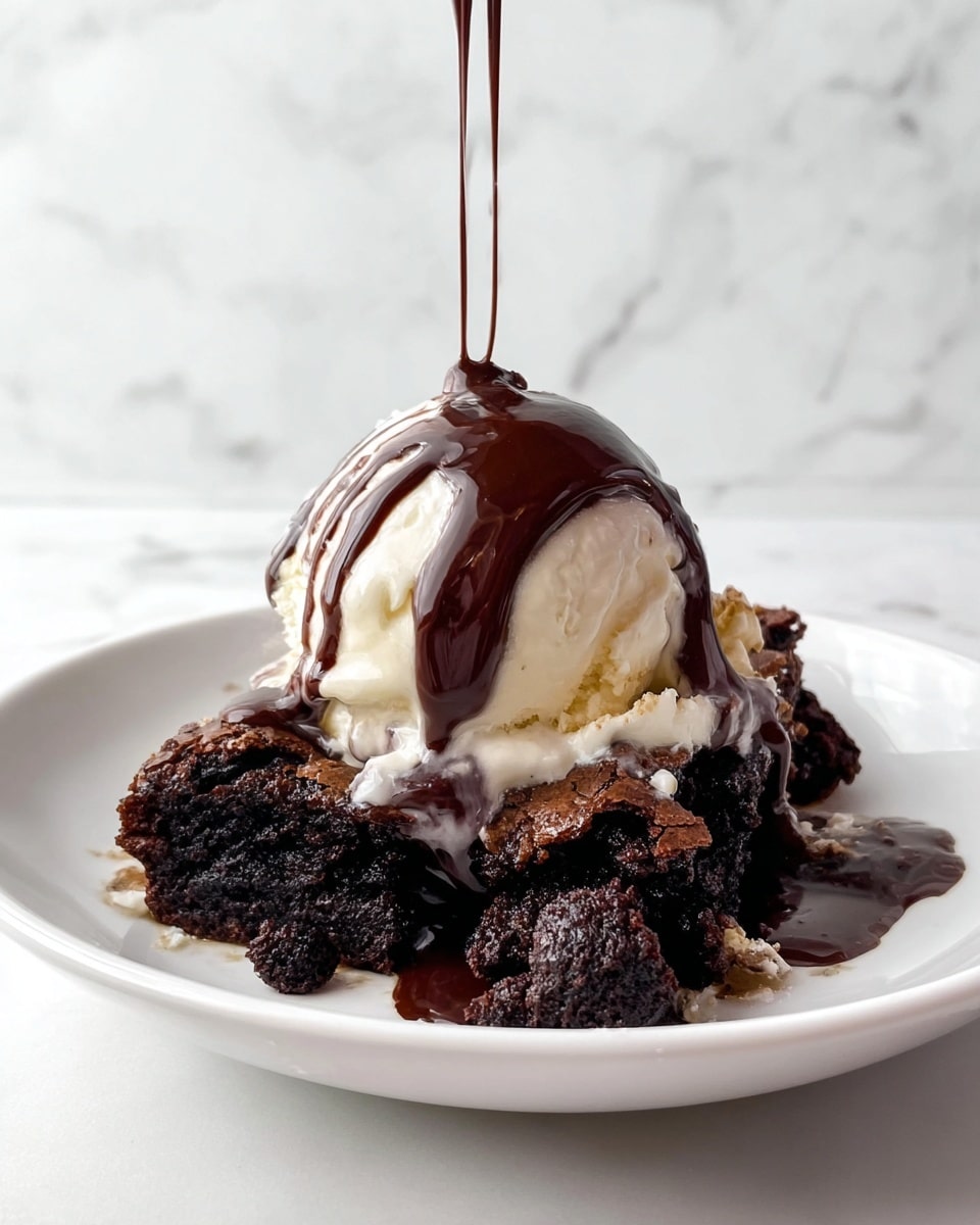 A white plate holds a dessert with three main layers: the bottom layer is a dark, crumbly chocolate brownie with a rough texture, broken into chunks; on top of that is a round scoop of smooth, creamy off-white vanilla ice cream; dark, glossy chocolate sauce is being poured over the ice cream and drips down onto the brownie, creating shiny streaks. The background is a white marbled texture. photo taken with an iphone --ar 4:5 --v 7