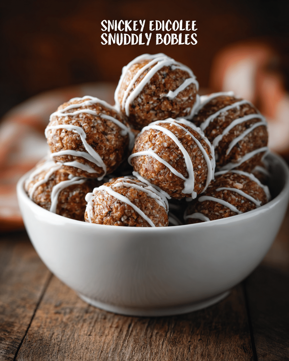 A white ceramic bowl filled with round snickerdoodle energy balls, each having a rough, nutty textured surface in a warm brown color with specks of white. The balls are drizzled with thin, irregular lines of white glaze, creating contrast on the textured surface. The bowl sits on a wooden surface with more energy balls scattered around it. The background is softly blurred, focusing attention on the bowl of energy balls. photo taken with an iphone --ar 4:5 --v 7